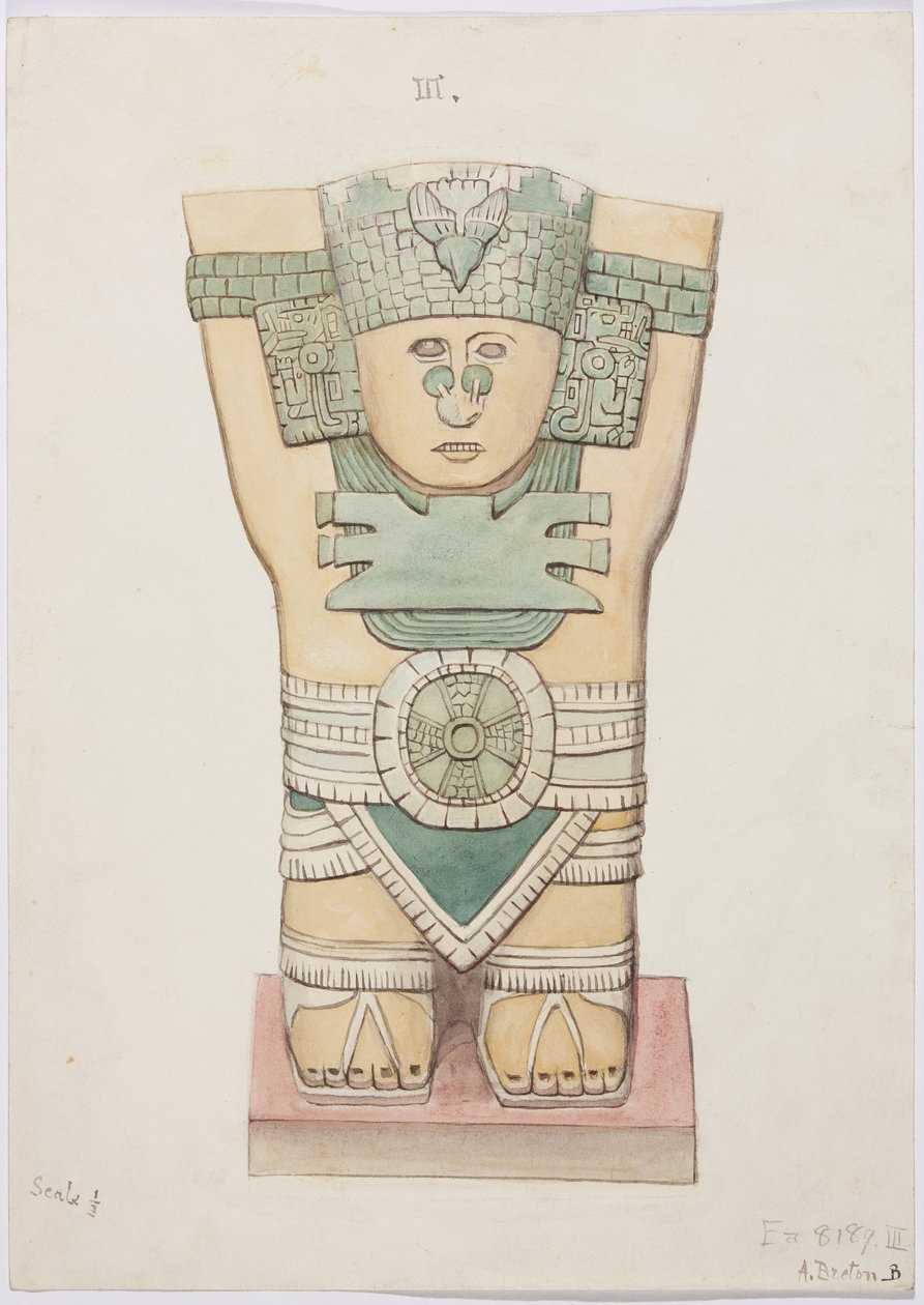 Dış odadan Caryatid, Temple A, top sahası, Chichen Itza, Meksika (suluboya) by Adela Breton