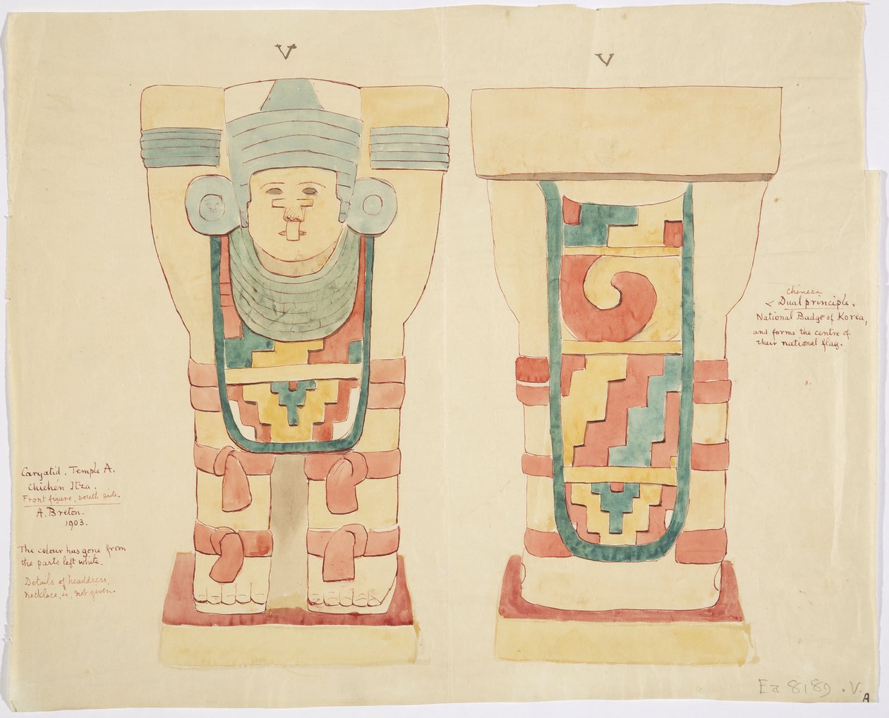 Dış odadan Caryatid, Jaguarların Üst Tapınağı (Tapınak A), top sahası, Chichen Itza (suluboya) by Adela Breton