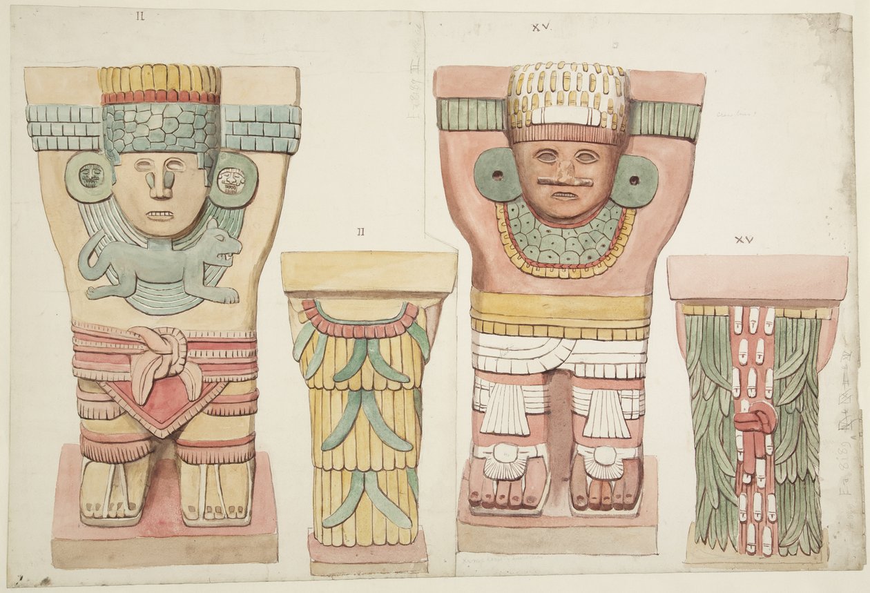 Dış odadan Caryatids II ve XV, Jaguarların Üst Tapınağı, Chichen Itza, Meksika (suluboya) by Adela Breton