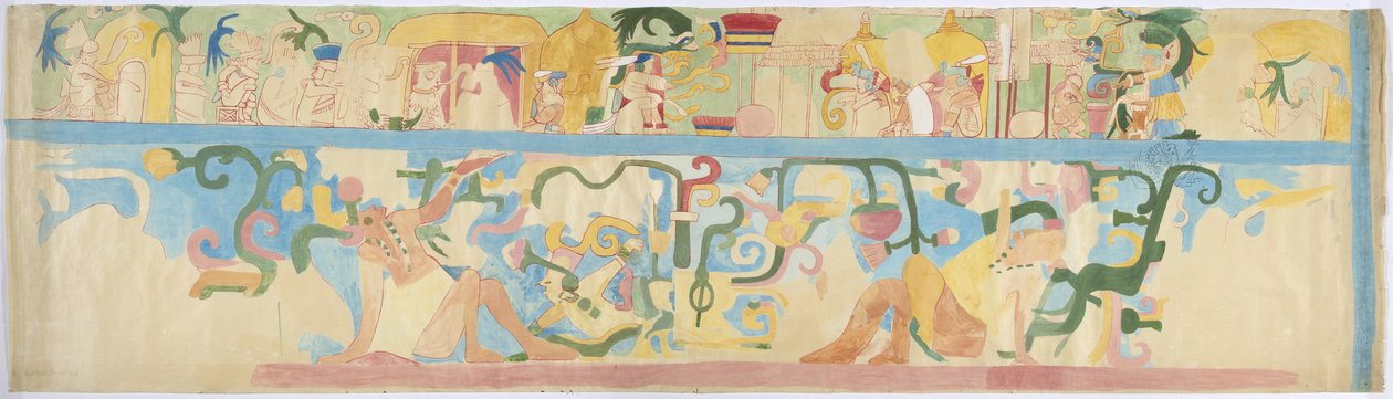 Güney batı duvarından bir duvar resminin kopyası, Jaguarların Yukarı Tapınağı, Chichen Itza, Meksika (sulu boya ve gövde rengi) by Adela Breton