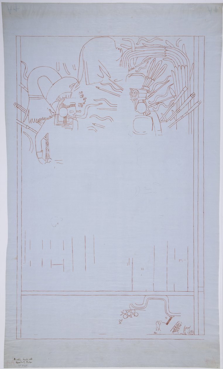Doğu Duvarı, Jaguarların Yukarı Tapınağı, Chichen Itza Meksika'dan bir duvar resminin kopyası (kırmızı mürekkep ve grafit) by Adela Breton