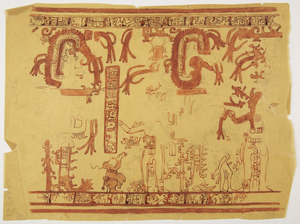 Bir tencereden tasarım Belize (eski İngiliz Honduras) Tasarım, insan figürlerini ve tüylü yılanları içerir (suluboya) by Adela Breton
