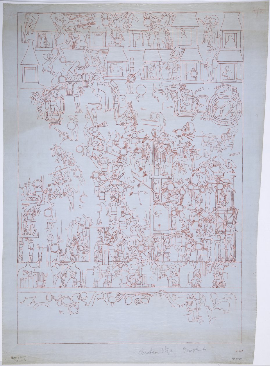Güney Duvarı, Jaguarların Üst Tapınağı, Chichen Itza, Meksika (kırmızı mürekkep) çizimi by Adela Breton