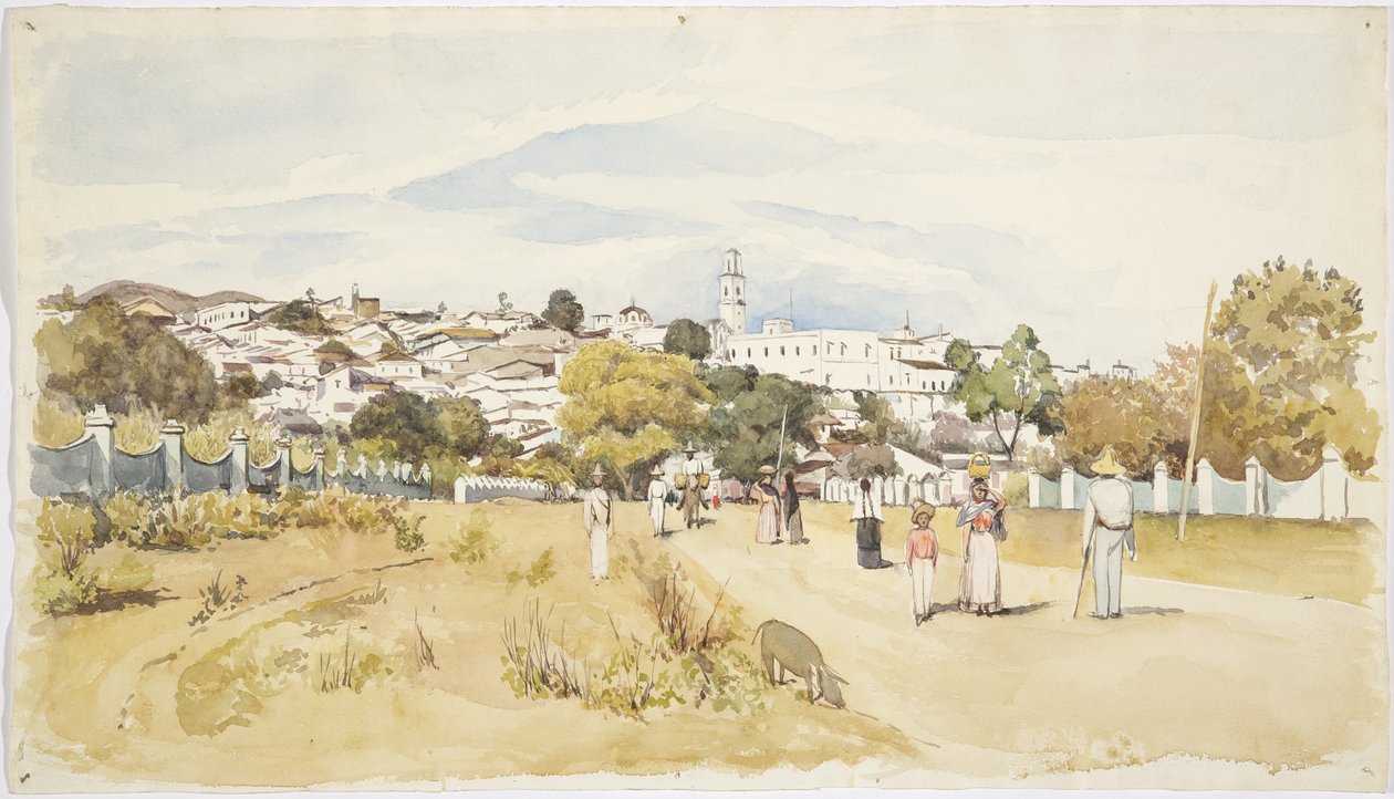 Arka planda bir köy olan bir yolda yürüyen erkekler, kadınlar ve çocuklar, Jalapa (Xalapa) Veracruz, Meksika (suluboya) by Adela Breton