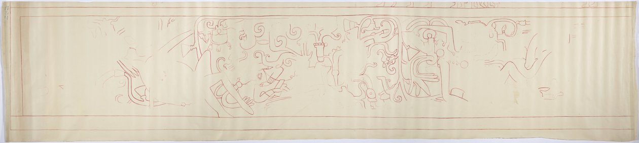 Batı duvarından bir duvar resminin ana hatları, Jaguarların Üst Tapınağı, Chichen Itza, Meksika (kırmızı mürekkep ve   grafit) by Adela Breton
