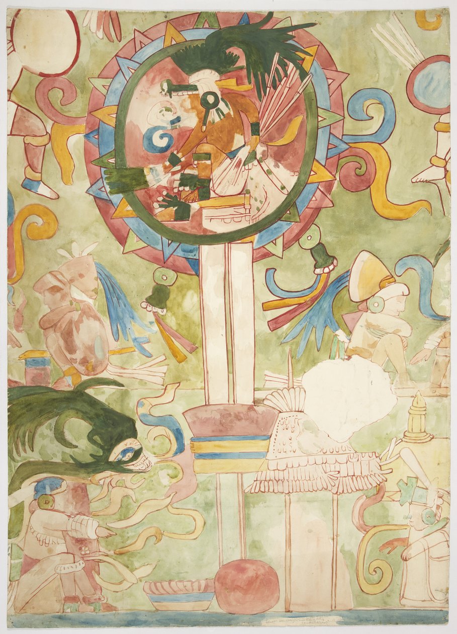 Batı duvarının güney panelinin bir kısmını gösteren resim, Jaguarların Yukarı Tapınağı, Chichen Itza, Meksika (suluboya, gövde rengi, grafit) by Adela Breton