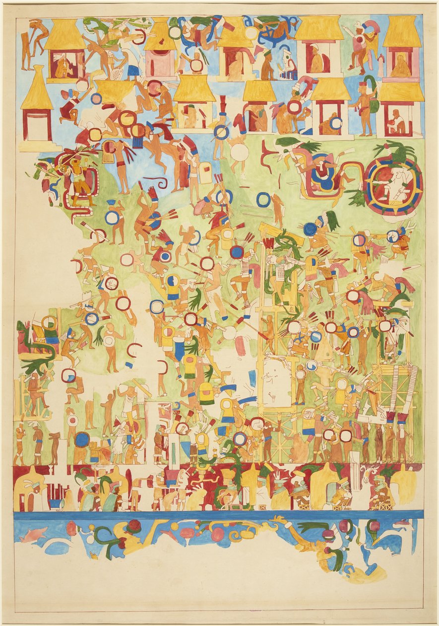 Jaguarların Üst Tapınağı'nın güney duvarından bir duvar resminin çeyrek ölçekli kopyası, Chichen Itza, Meksika (suluboya) by Adela Breton