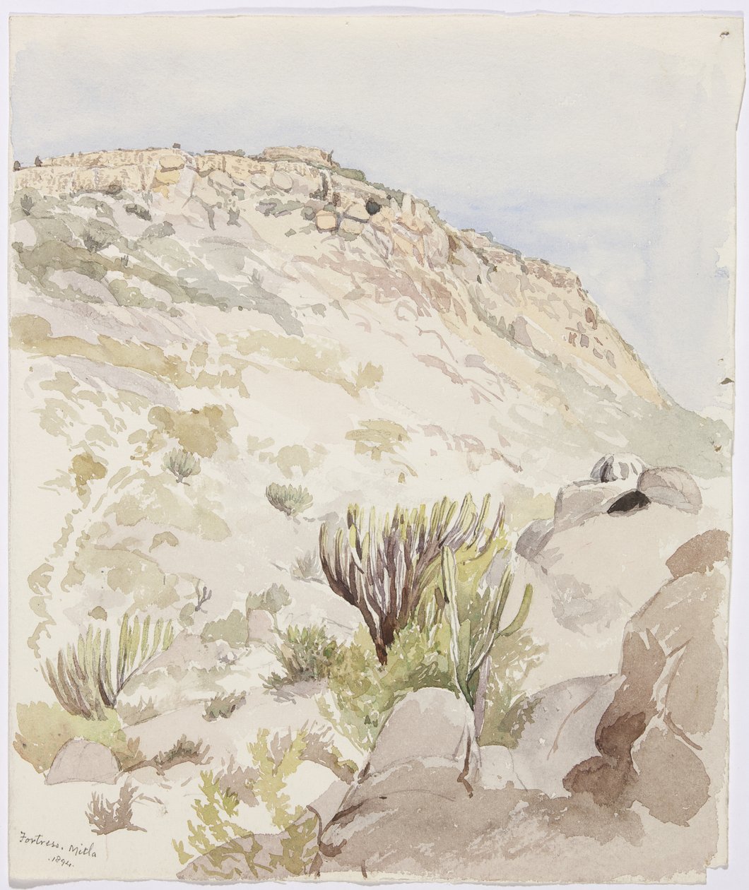 Mitla, Oaxaca'da bir tepenin tepesindeki kale duvarlarının kalıntıları (suluboya) by Adela Breton