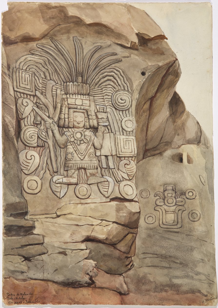 Adela Breton tarafından doğal kayada taş kabartma - Piedra de Malinche, Tula, Hidalgo, Meksika (suluboya) by Adela Breton
