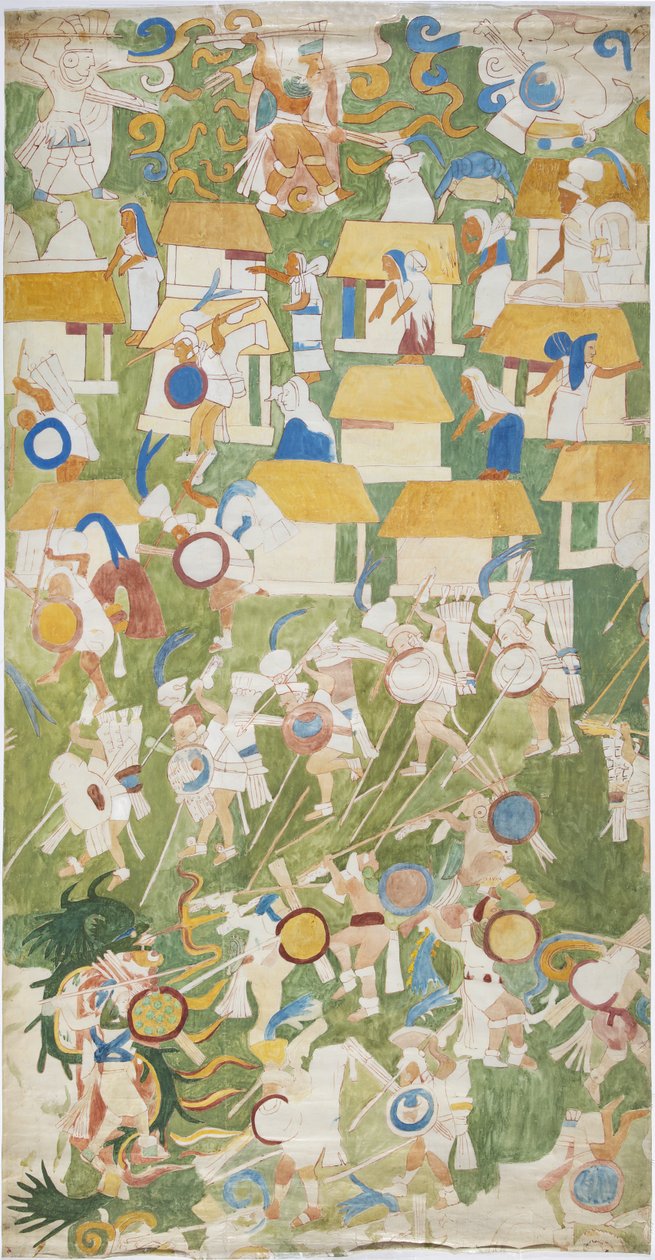 Batı duvarının güney panelinden bir duvar resminin izi, Jaguarların Yukarı Tapınağı, Chichen Itza, Meksika (suluboya ve grafit) by Adela Breton