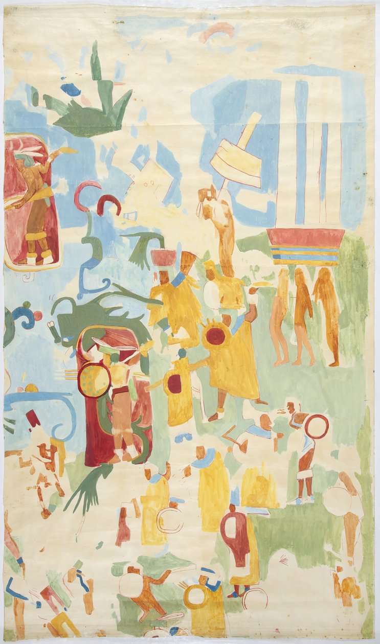 Bir duvar resminin izi İç odanın kuzey duvarı, Jaguarların Üst Tapınağı (Maudsley Tapınağı AT), Chichen Itza, Meksika (suluboya ve gövde rengi) by Adela Breton