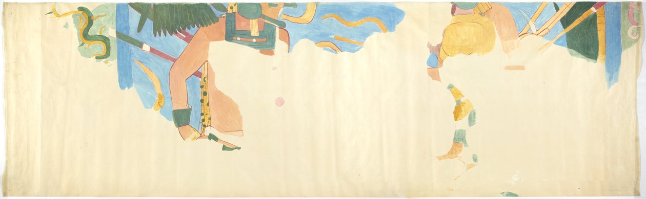 Chichen Itza, Meksika'da bir duvar resminin izini Doğu duvarından, iç orta oda, Jaguarların Üst Tapınağı, Büyük Balo Mahkemesi (suluboya, gövde rengi, grafit) by Adela Breton