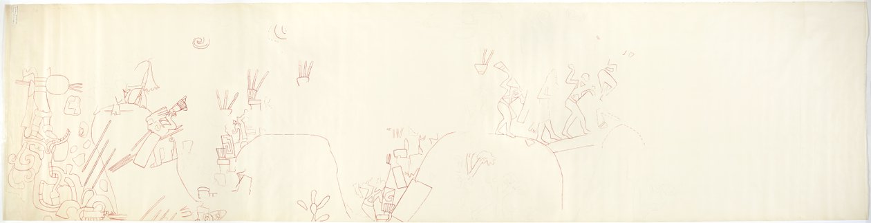 Doğu duvarından bir duvar resminin izlenmesi, Jaguarların Üst Tapınağı, Chichen Itza, Meksika (kırmızı mürekkep ve   grafit) by Adela Breton