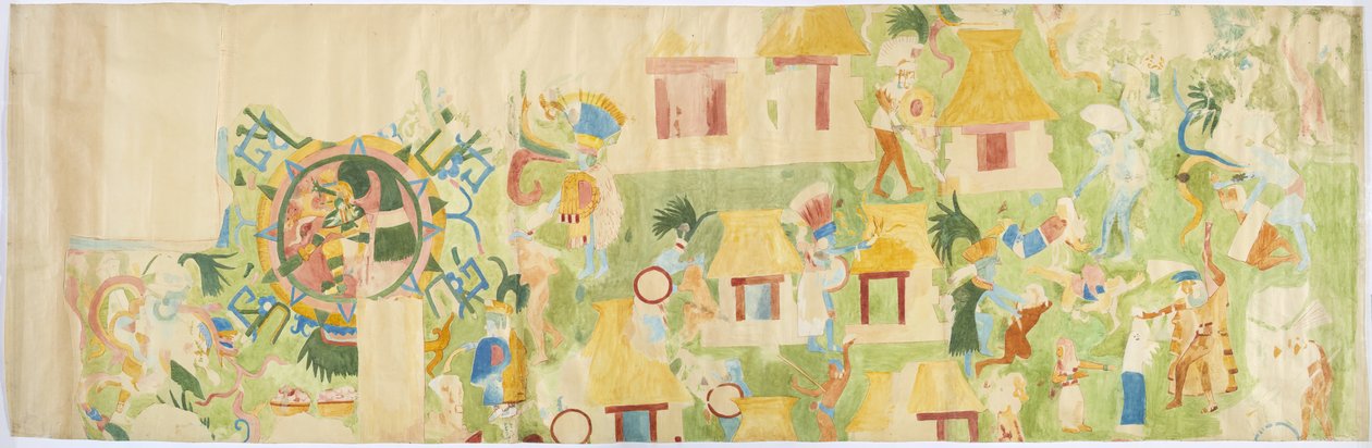 Batı duvarının kuzey ucundan bir duvar resminin izi, Jaguarların Üst Tapınağı, Chichen Itza, Meksika   (sulu boya ve gövde rengi) by Adela Breton
