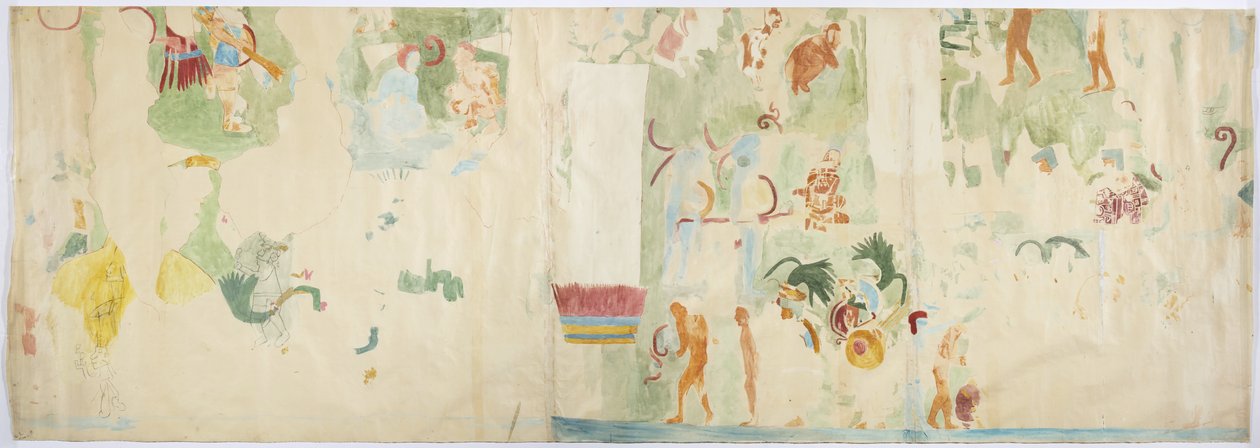 Kuzey paneli, batı duvarı, Jaguarların üst tapınağı, Chichen Itza, Meksika'dan bir duvar resminin izi (suluboya ve gövde rengi) by Adela Breton