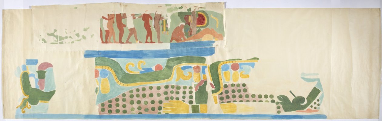 Kapının üstünden bir duvar resminin izi, Jaguarların Yukarı Tapınağı, Chichen Itza, Meksika (suluboya, gövde rengi, grafit) by Adela Breton