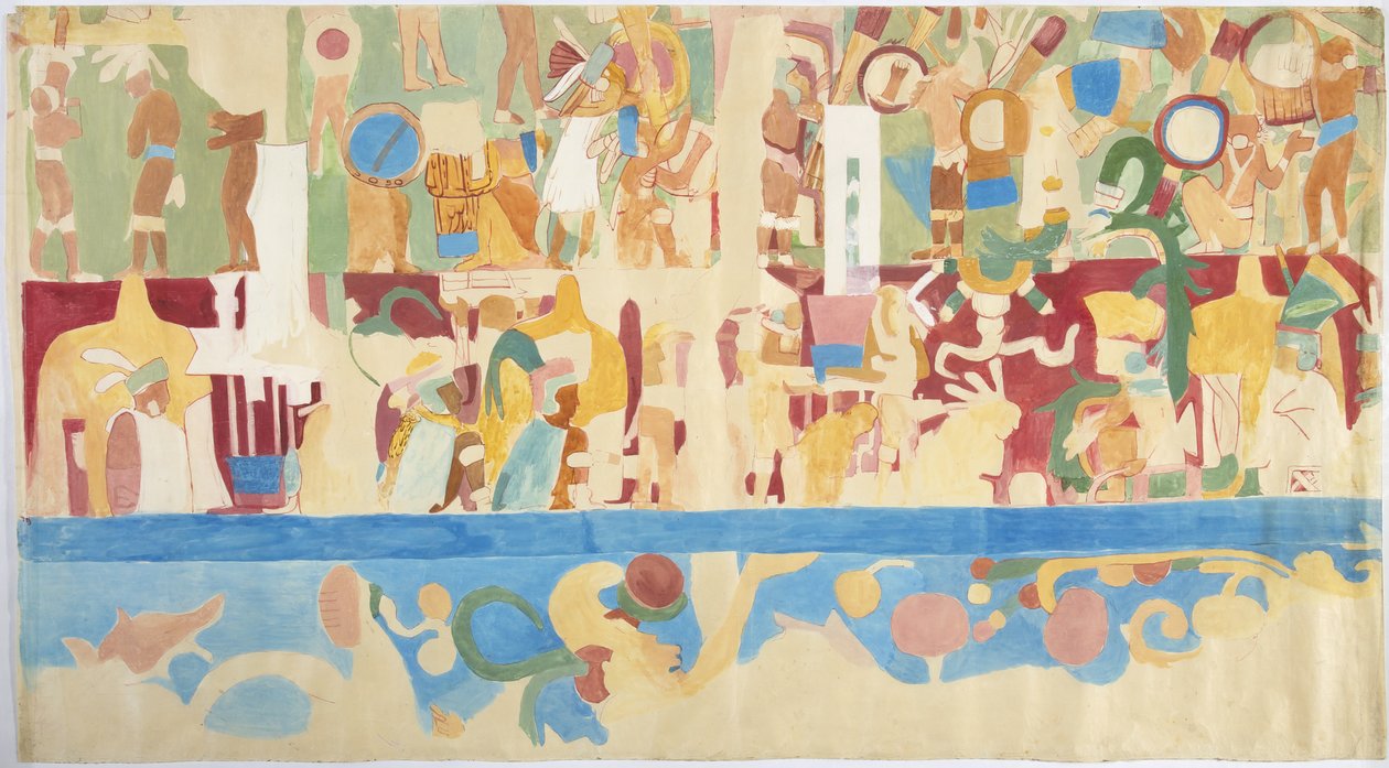 Güney duvarı, iç oda, Jaguarların Üst Tapınağı, Chichen Itza'daki Büyük Balo Mahkemesi, Meksika boyası (suluboya ve gövde rengi) by Adela Breton