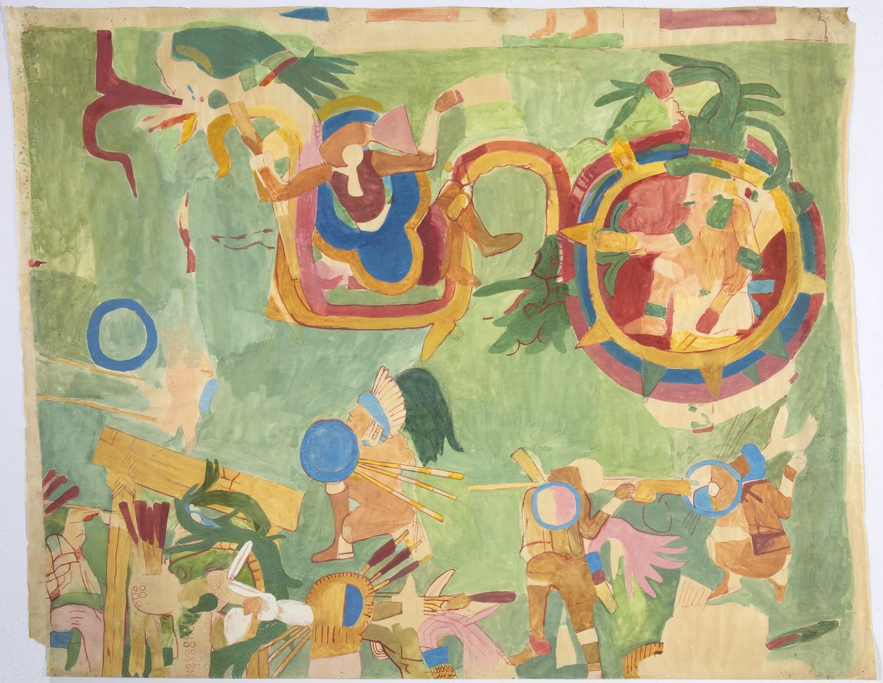 İç odadan bir duvar resminin izini sürmek, Jaguarların Üst Tapınağı, güney duvarı, Great Ball Court, Chichen Itza, Meksika (suluboya ve gövde rengi) by Adela Breton