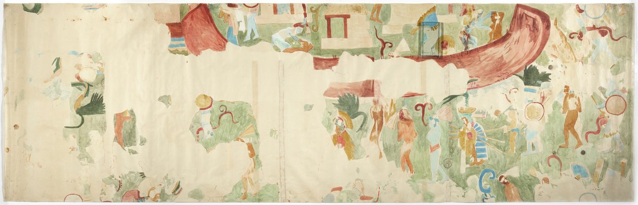 Kuzey batı duvarından bir duvar resminin izi, iç oda, Jaguarların üst tapınağı, Chichen Itza, Meksika   (sulu boya ve gövde rengi) by Adela Breton