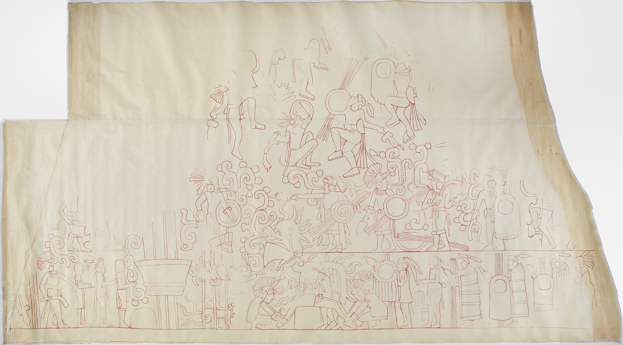 Güney tonoz tavanından bir duvar resminin izi, Jaguarların Üst Tapınağı, Chichen Itza, Meksika (kırmızı mürekkep) by Adela Breton
