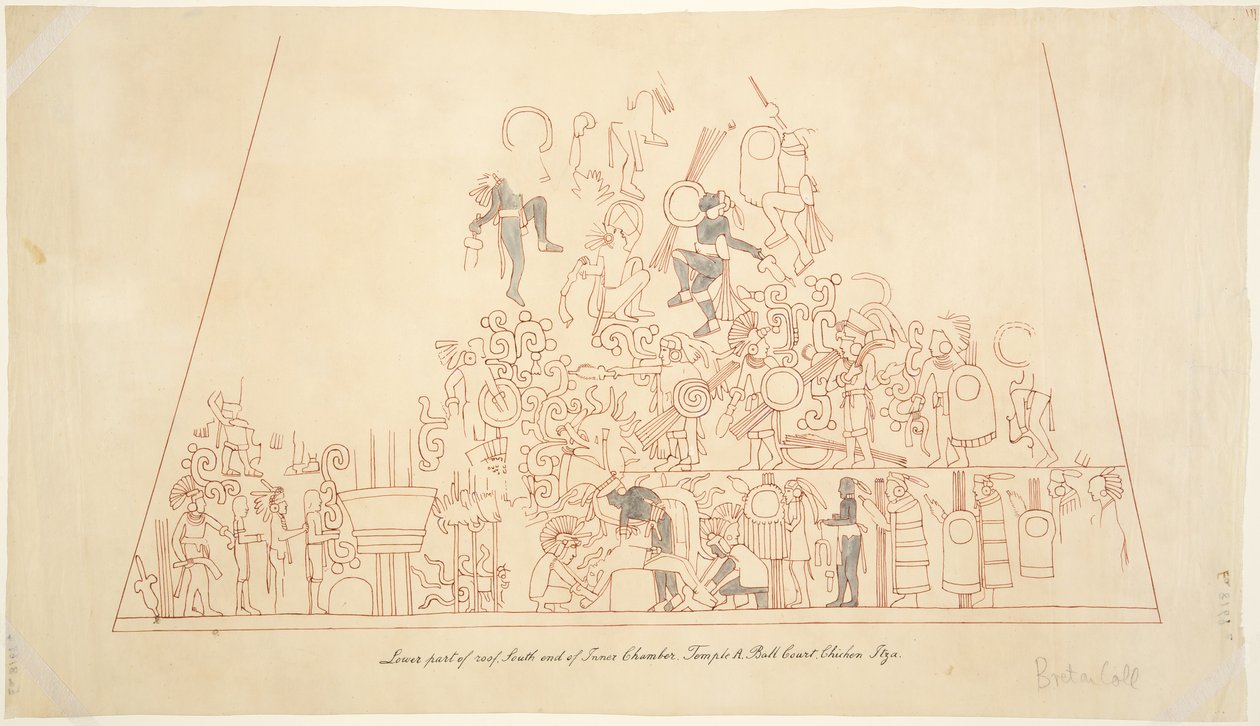 Güney tonoz, iç oda, Jaguarların Üst Tapınağı, Chichen Itza, Meksika'dan bir duvar resminin izini sürüyor by Adela Breton