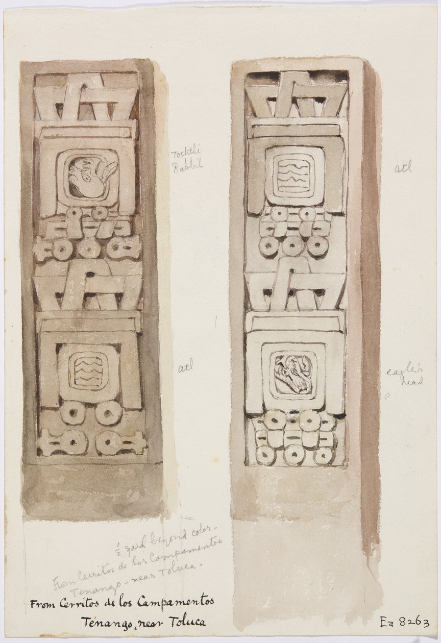 Her ikisi de taş kabartmaları gösteren iki sütun, Cerritos de los Campamentos, Tenago, Toluca, Meksika (suluboya) by Adela Breton