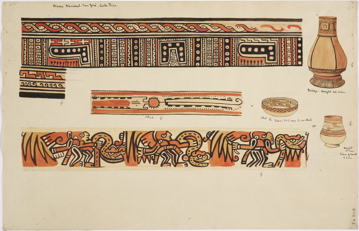 İki kavanoz (biri uzun, dar boyunlu) ve desenli bir tabak (suluboya) by Adela Breton