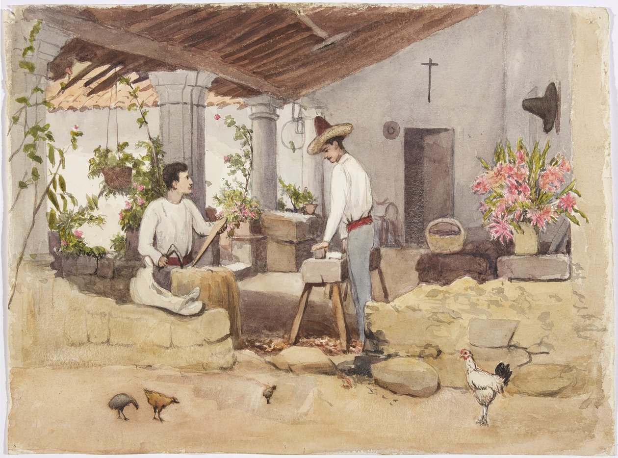 Eyer yapan iki adam, eyer dükkanı, Coscomatepec, Meksika by Adela Breton