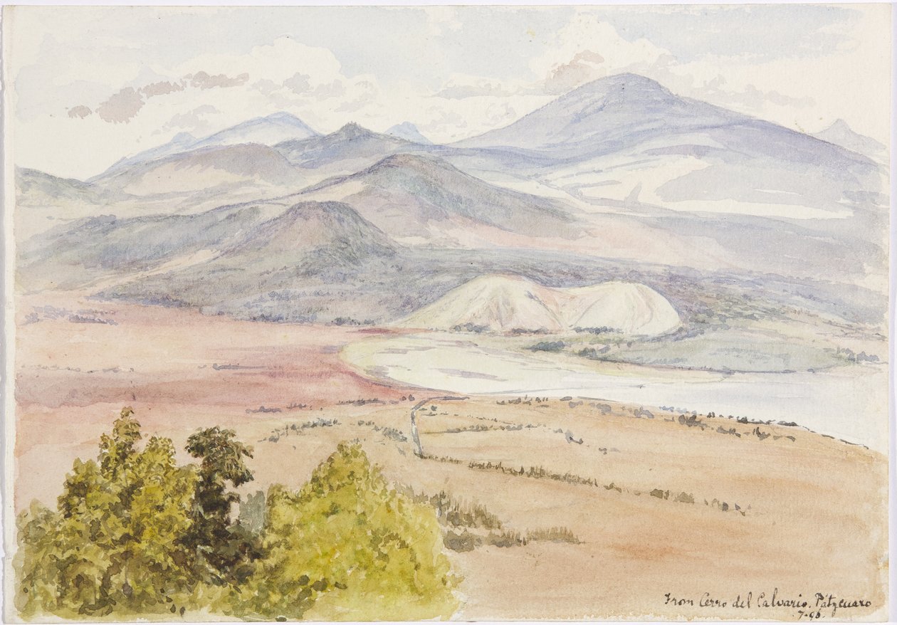 Cerro del Calvario, Patzcuaxo, kağıdın bir tarafında ve diğer tarafında antik kale ve taş höyüklerin bir görünümü, Cerro del Calvario'dan Iguatcho, Patzcuaro, Michoacan, Meksika (suluboya) by Adela Breton