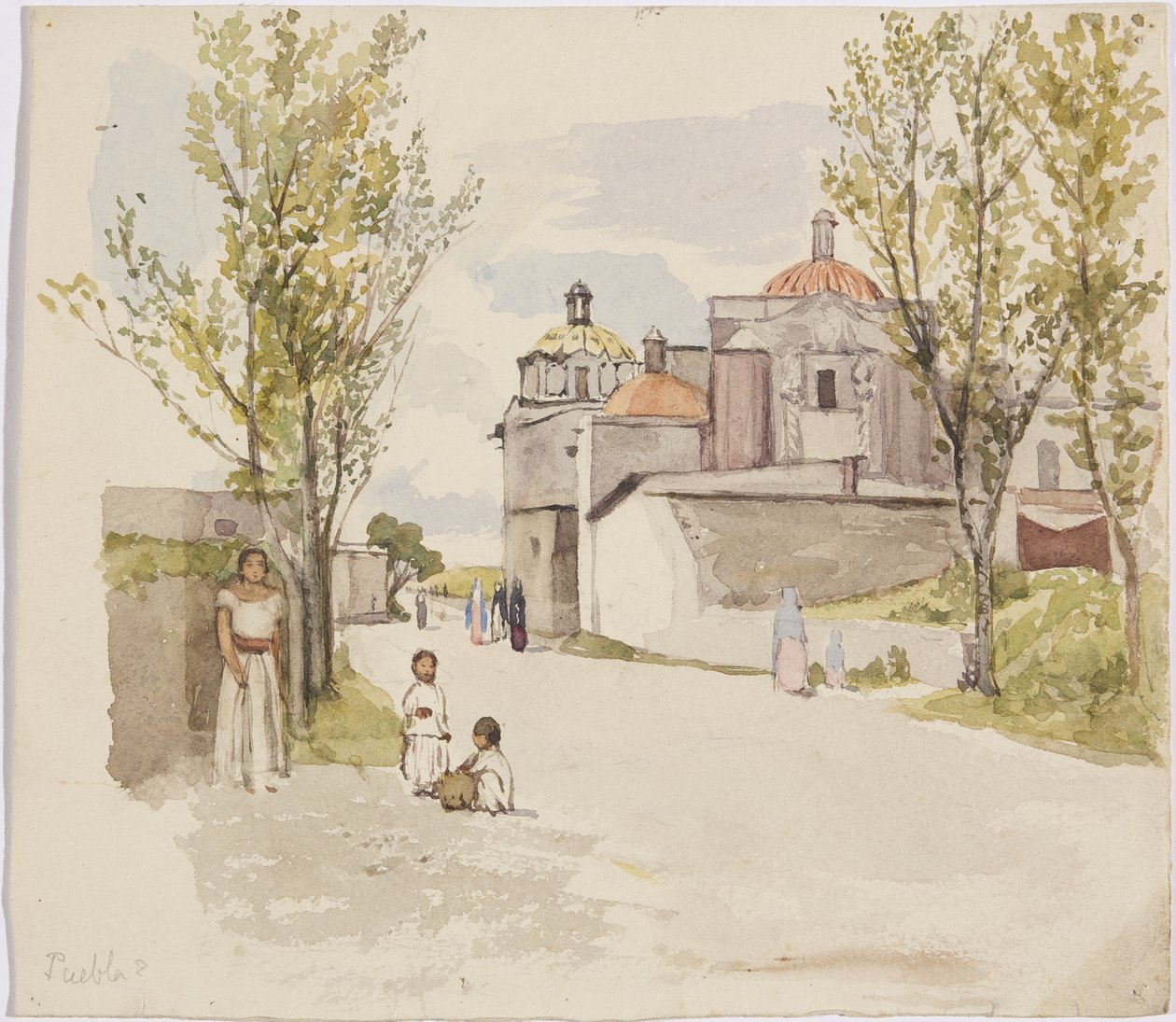 Kadın ve çocukların olduğu bir köy sokağının görünümü - Puebla (?), Meksika (suluboya ve grafit) by Adela Breton