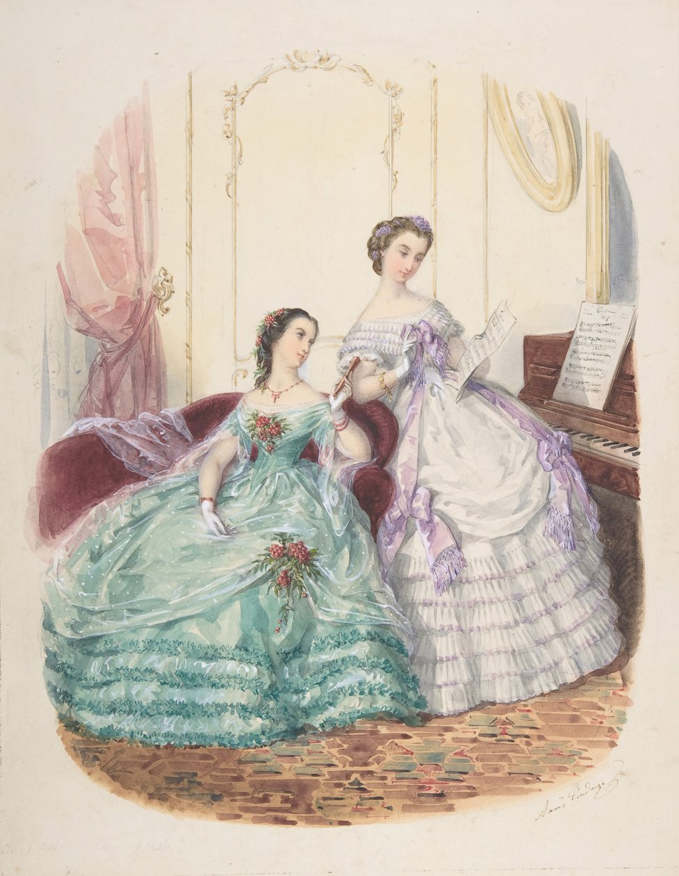 Moda Çalışması: Abiye Giyen İki Kadın, yak. 1860. by Adèle Anaïs Colin