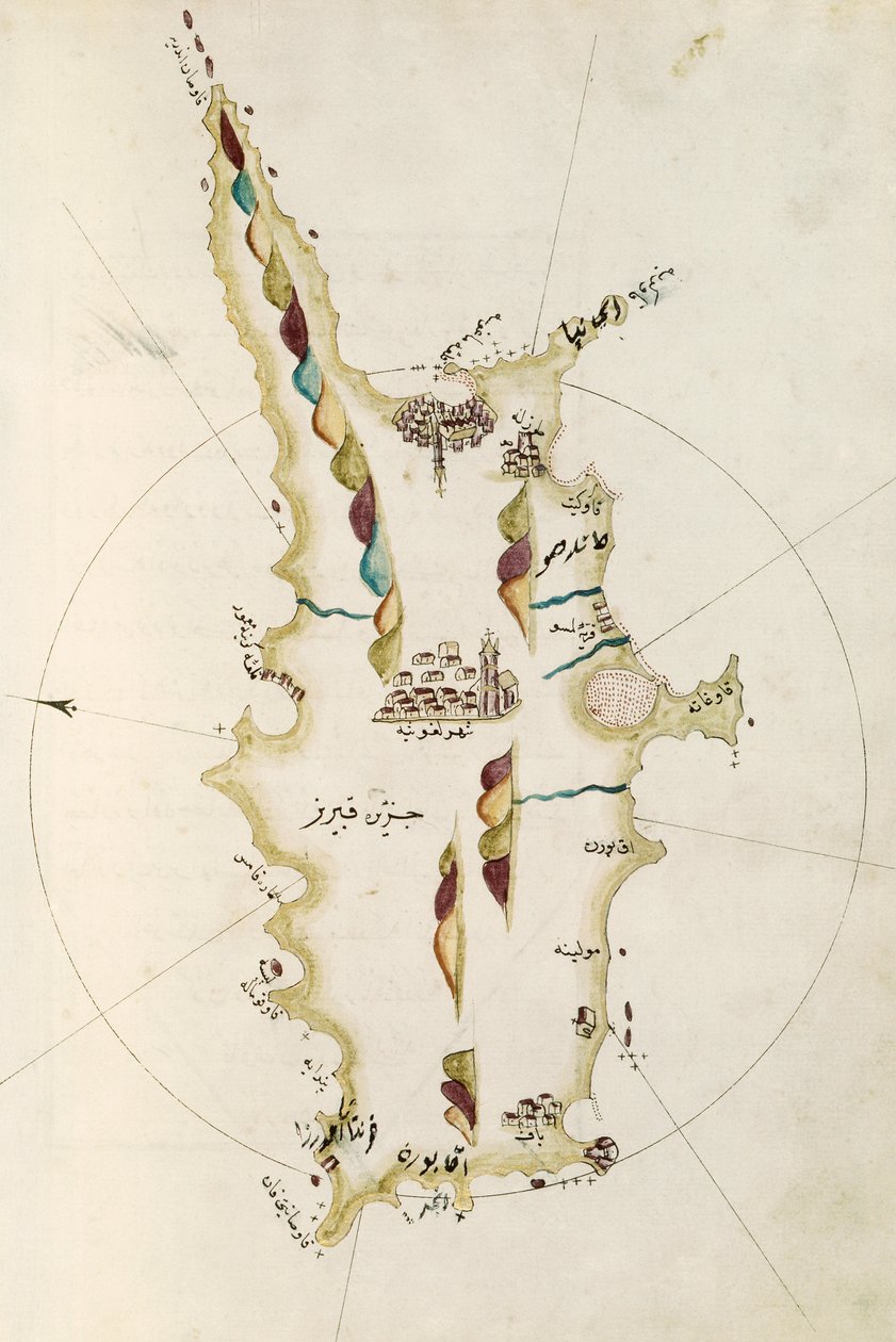 Kıbrıs adası haritası, Amiral Piri Reis (1465-1470 - 1553-1554) tarafından Portolano atlasından bir çizim by Admiral Piri Reis