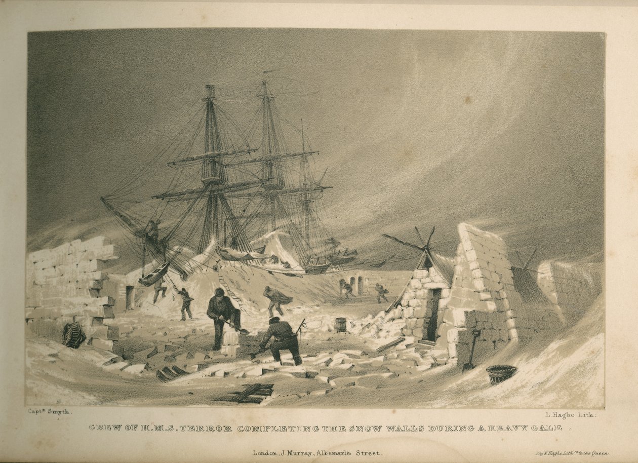 HMS Terror mürettebatı şiddetli fırtına sırasında kar duvarlarını tamamlıyor by Admiral William Henry Smyth