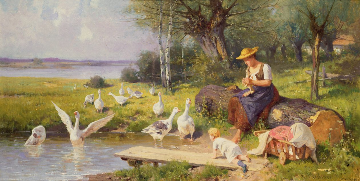 kazlar ile anne ve çocuk by Adolf Ernst Meissner