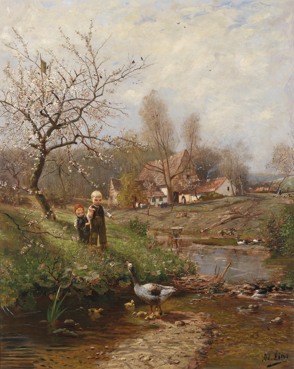 İki çocuklu ve kazlı bahar manzarası by Adolf Lins