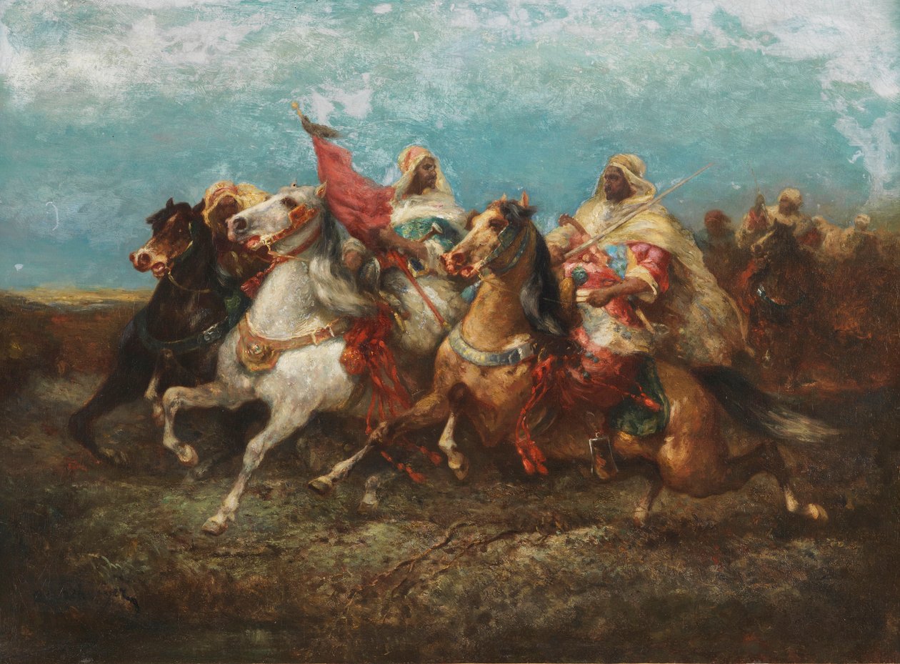 Üç Arap, maiyetleriyle birlikte sola gidiyor by Adolf Schreyer