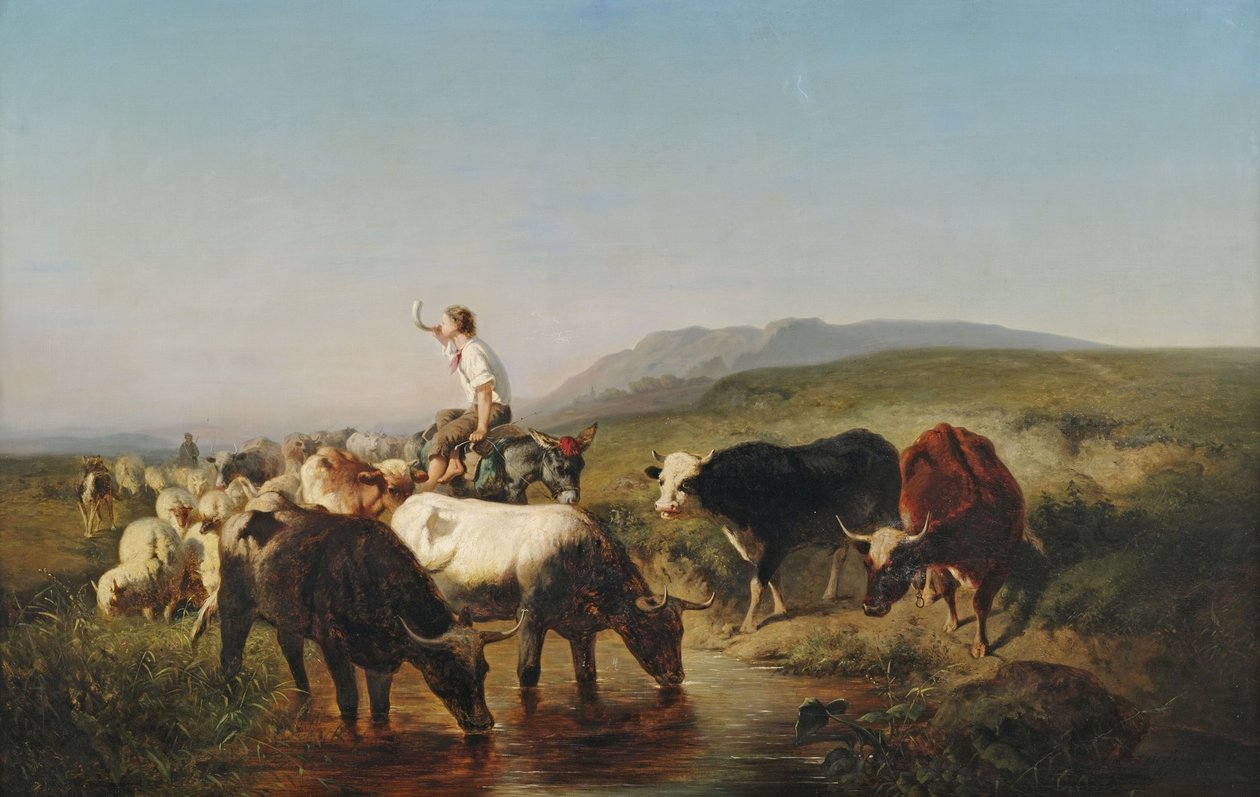 Geniş bir arazide eşeğe binen bir çoban çocukla sığır ve koyun sürüsü by Adolf Schreyer