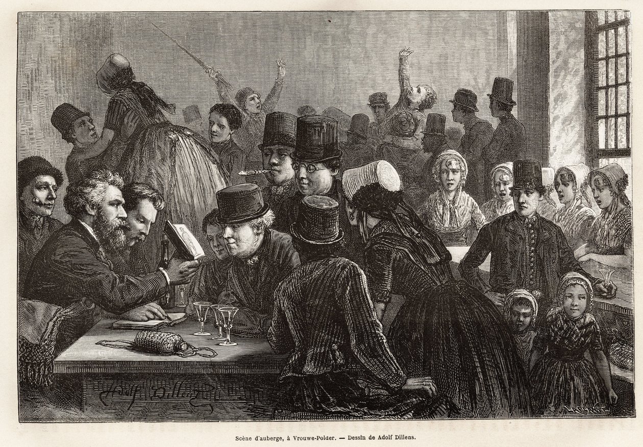 Scene d'auberge, bir Vrouwe-Polder (Vrouwe Polder), Adolf Dillens'in çiziminden sonra gravür, 1873'te Charles de Coster tarafından Zelande'ye (Neerlande) bir yolculuğu resmediyor, “” Le tour du monde”””de yayınlandı. 1874, Edouard Charton t by Adolf Alexander Dillens