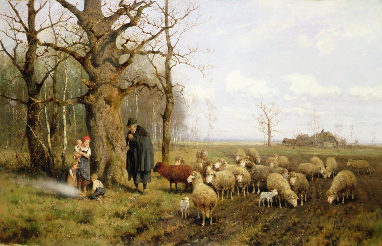 Manzarada Çoban ve Koyunlu Çocuklar (tuval üzerine yağlı boya) by Adolf Ernst Meissner