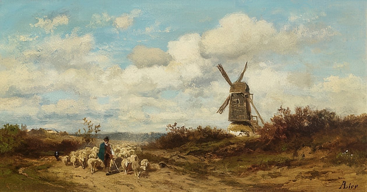 Bir yel değirmeni ve çobanlar ile manzara by Adolf Heinrich Lier