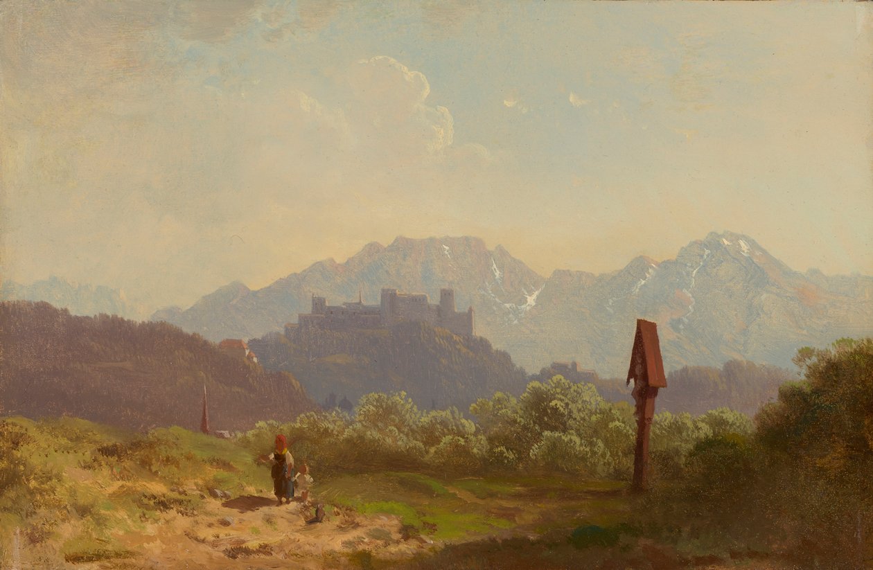 Hohensalzburg Kalesi ve arkasında yükselen Untersberg manzaralı Salzburg yakınında çok by Adolf Heinrich Lier