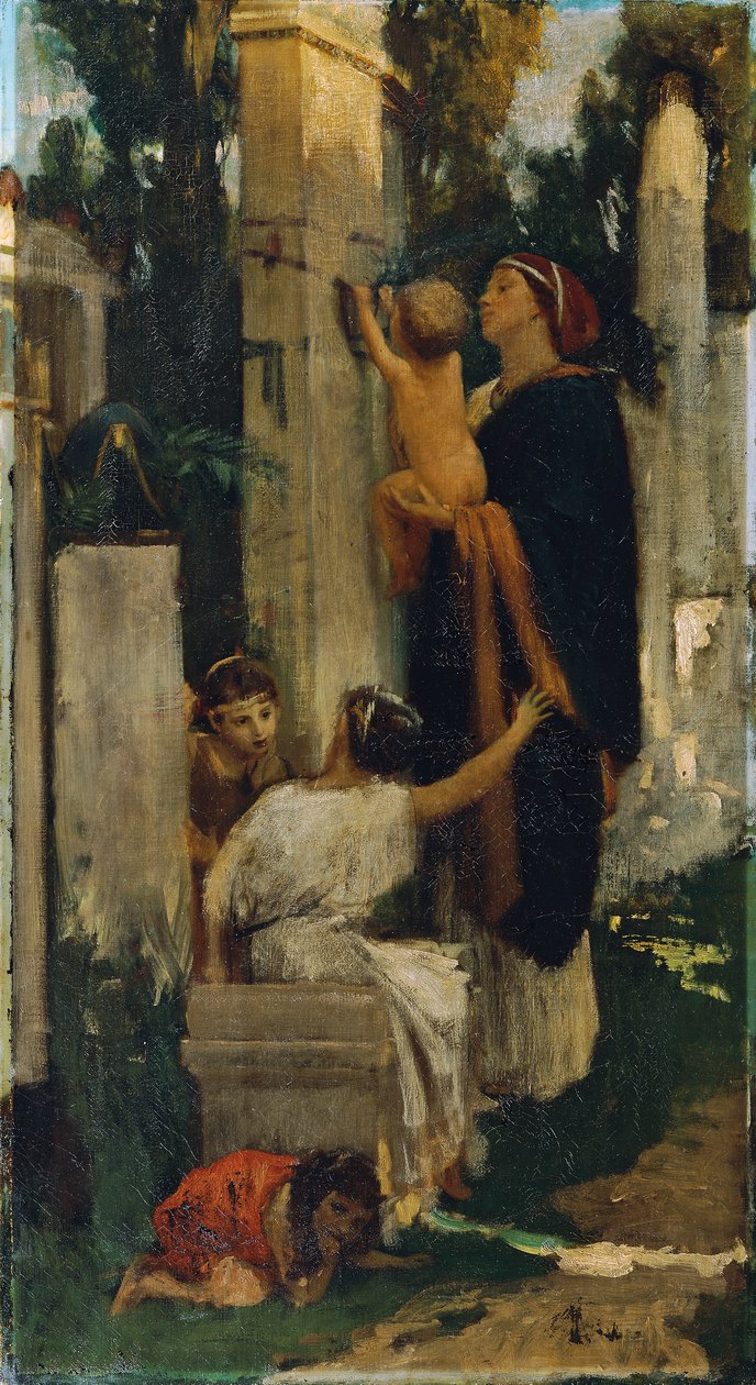 Antika mezarlık sahnesi (mezarı süsleyen çocuklu kadın) by Adolf Hiremy Hirschl