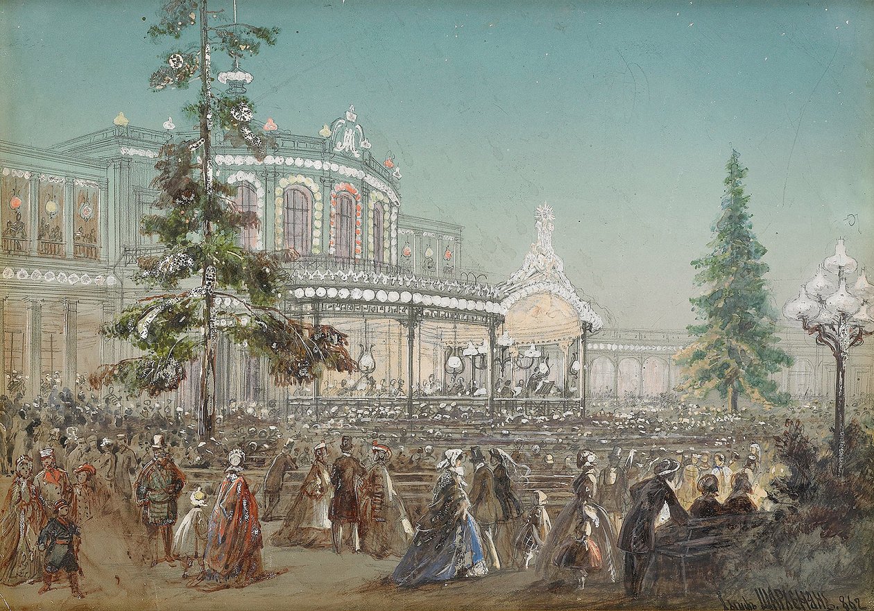 "Pavlovsk Tren İstasyonu Konser Salonunda Tsarskoe Selo Demiryolunun 25. Yıldönümü Kutlaması"", Adolf Charlemagne (1826-1901), karton üzerine guaj boya by Adolf Jossifowitsch Charlemagne