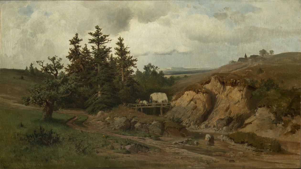 Ahşap Köprülü Peyzaj - Ahşap Köprülü Peyzaj - Adolf Kosarek (1830-1859). tuval üzerine yağlıboya by Adolf Kosárek