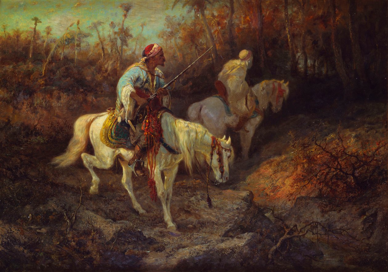 Bir Ormanın Kenarında Arap Atlıları by Adolf Schreyer