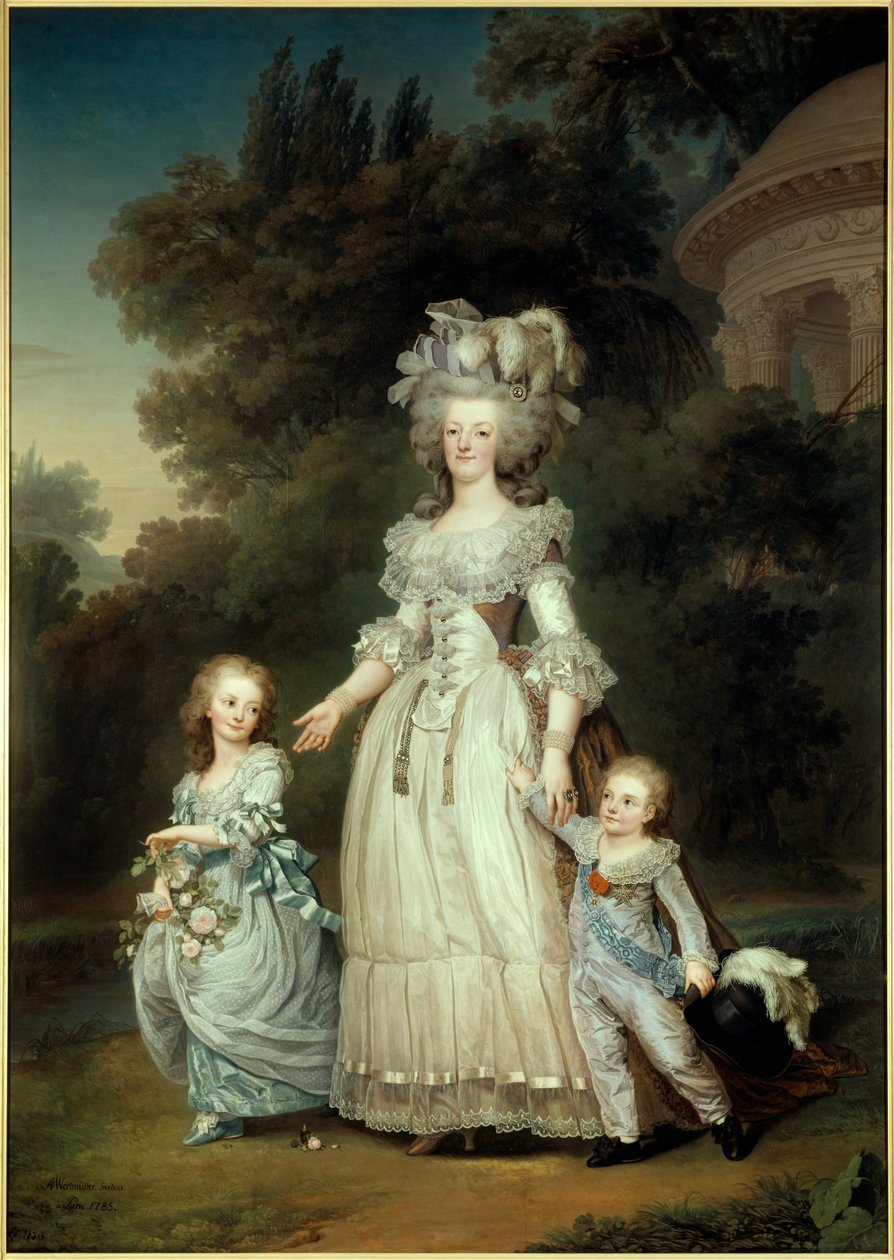 Marie Therese veya Madame Royale (1778-1851) ve Trianon bahçelerinde yürüyen ilk Dauphin Louis Joseph Xavier Francois veya Louis de France (1781-1789) ile Fransa Kraliçesi Marie Antoinette'in (1754-1793) ayaklarında portre Reklama Göre Boyama by Adolf Ulrich Wertmuller