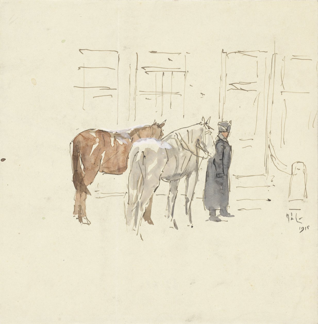 Bir binanın önünde iki atlı adam by Adolf le Comte