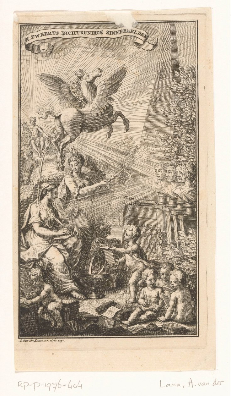Kadın yazısı, büstler, Pegasus ve Apollo başlık sayfası ile alegorik temsil: Cornelis Sweerts, Şiirsel semboller, 1736 by Adolf van der Laan