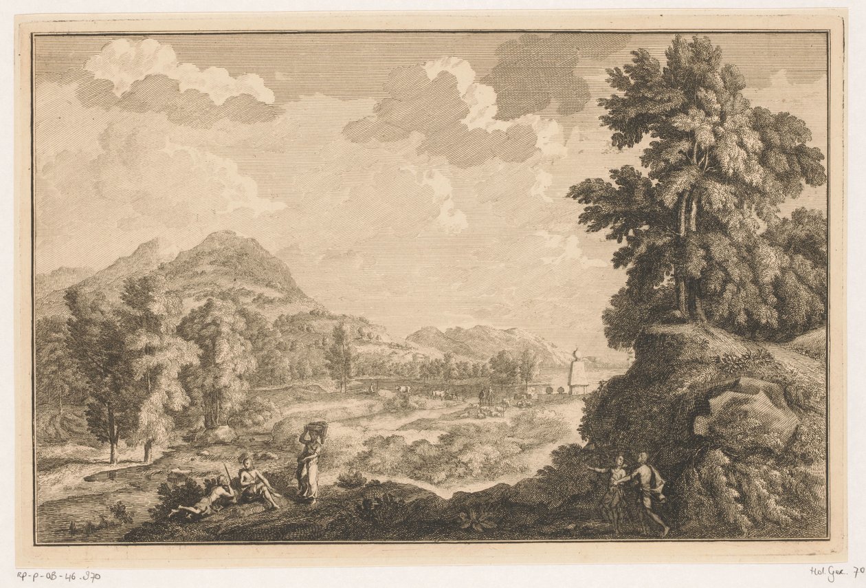 Çobanlarla Arcadian Nehri Manzarası ve Çamaşır Sepeti Olan Bir Kadın İtalyan ve Alman manzaraları (dizi başlığı) by Adolf van der Laan