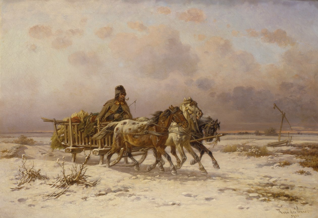 Üç at süren bir kızakta bir köylü by Adolf van der Venne